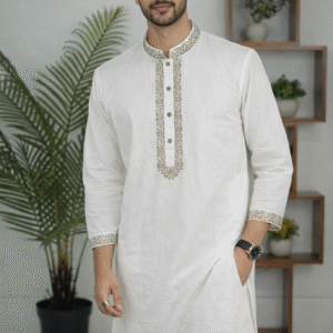 Fashion Bhai Premium White Pure Cotton Embroidered Punjabi