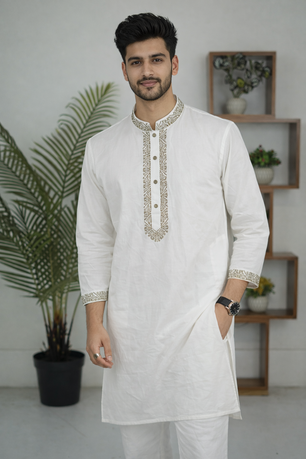 Fashion Bhai Premium White Pure Cotton Embroidered Punjabi