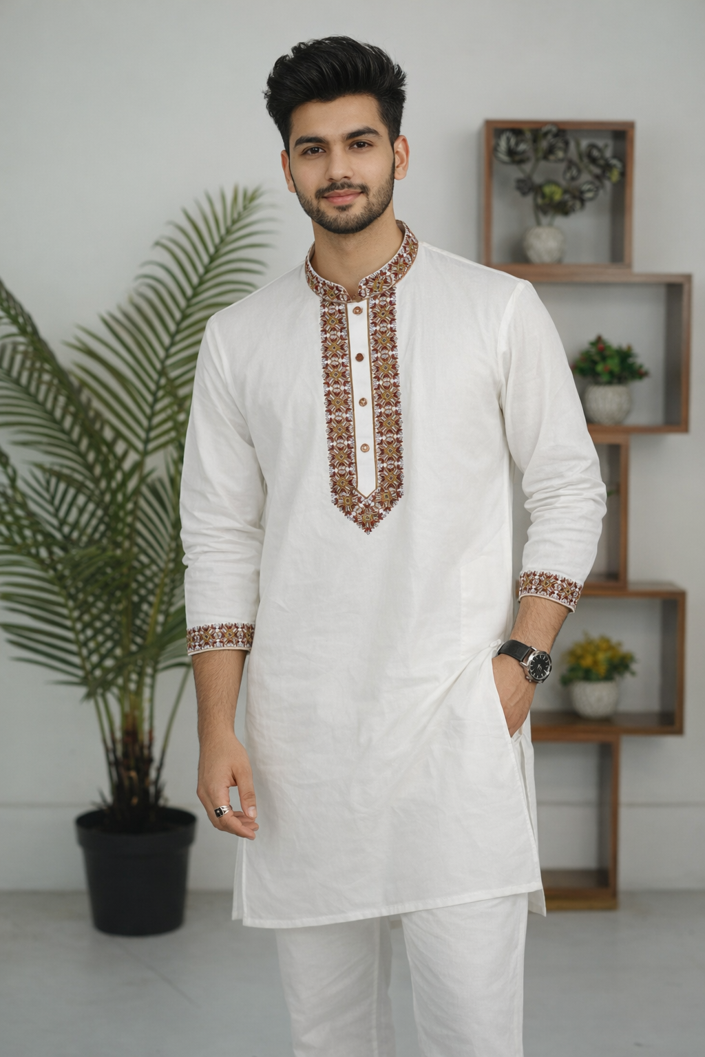 Fashion Bhai Pure Suti White Embroidered Premium Punjabi